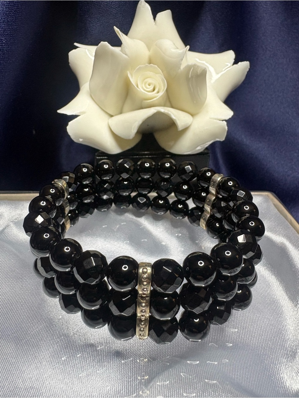 🤩Bracelet Black Obsidian Genuine Gemstone Beaded Stretch Silver Spacers
